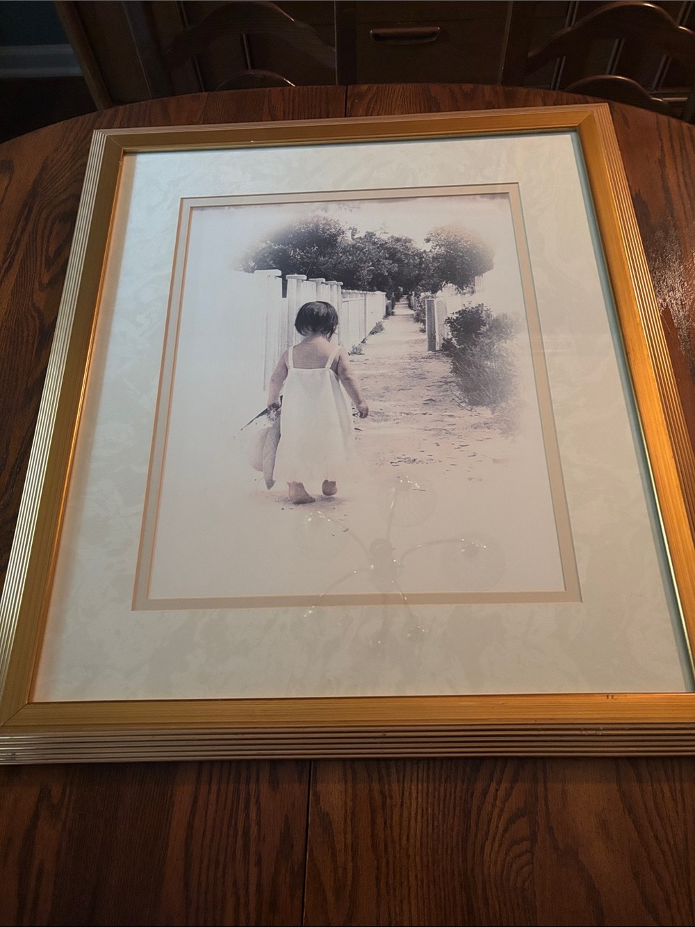 Framed Art Print Small Girl on Sandy Path at Beach in Gold Frame